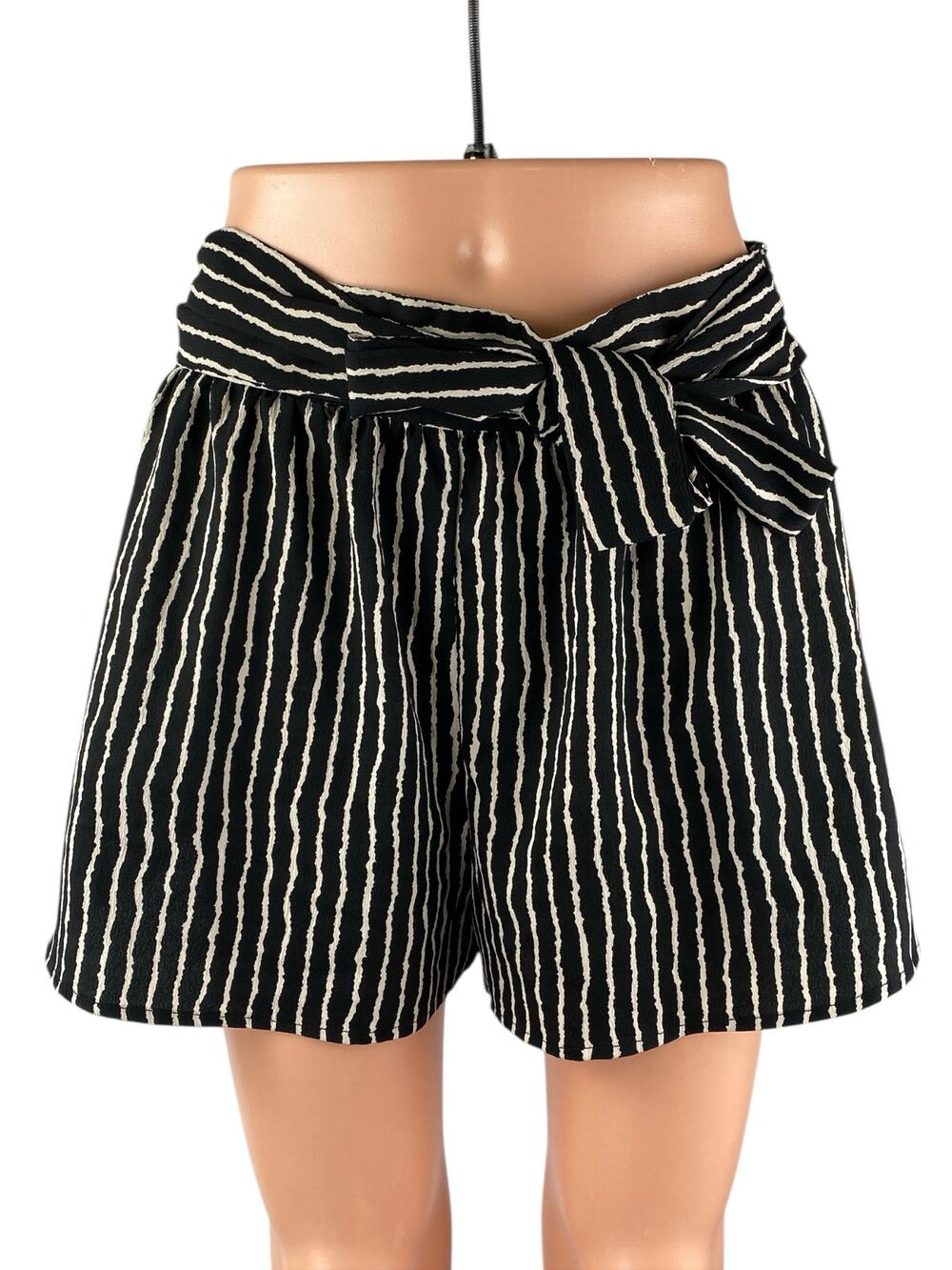 Silence + Noise Black White Stripe High Rise Tie Casual Lounge Paperbag Shorts S